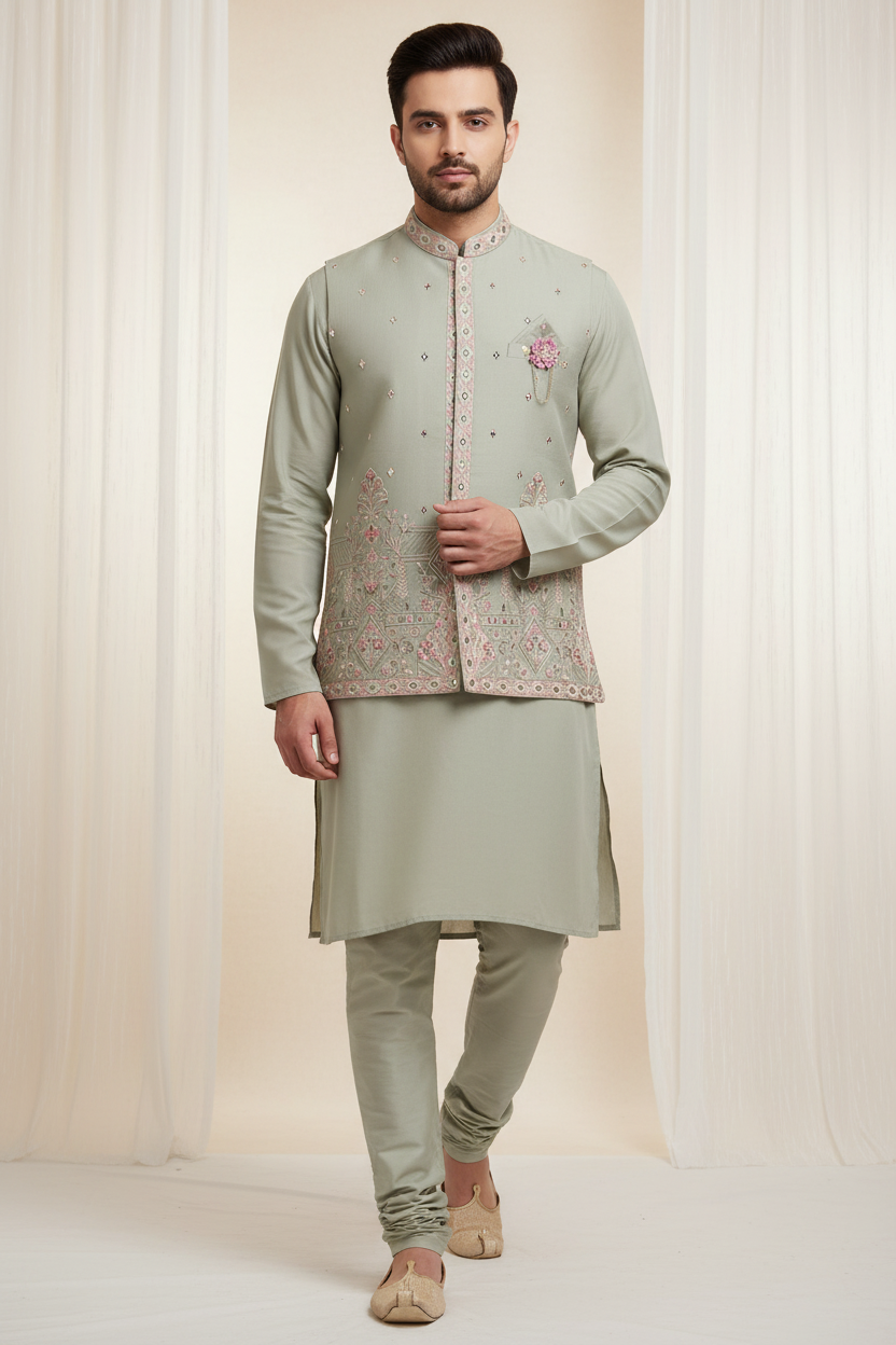 Model wearing sage green embroidered kurta with Nehru jacket