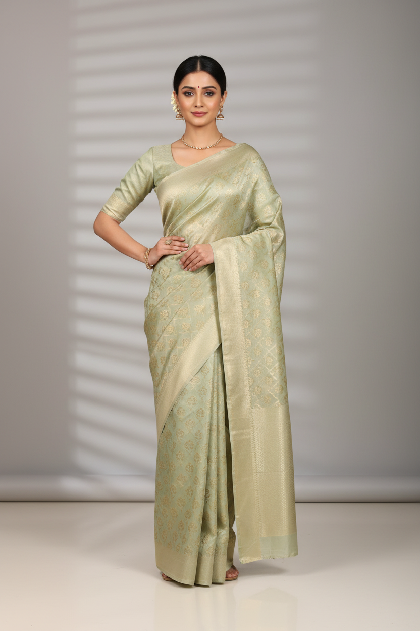 Model wearing sage green pistachio Banarasi tissue saree