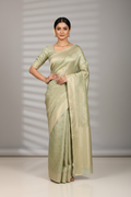 Model wearing sage green pistachio Banarasi tissue saree