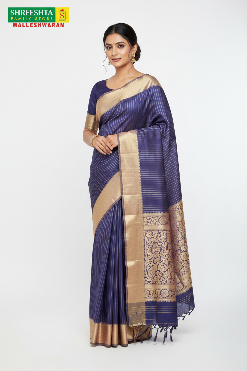 Model wearing Shreeshta blue-violet saree with blush pink pallu