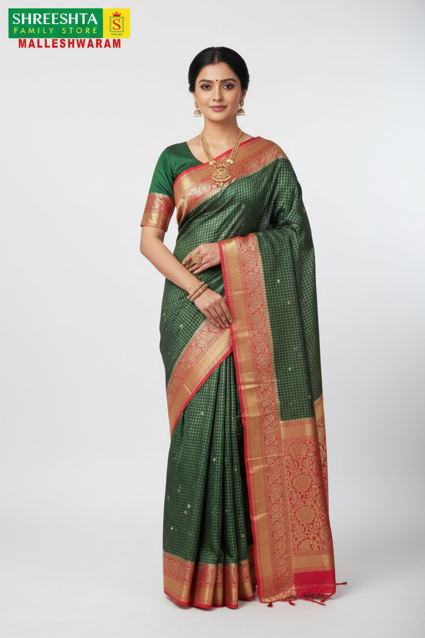 Model wearing Shreeshta dark green saree with red border