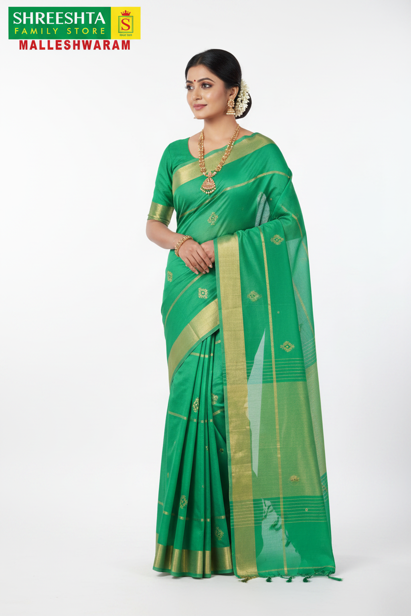 Model wearing Shreeshta emerald green saree with gold zari stripes
