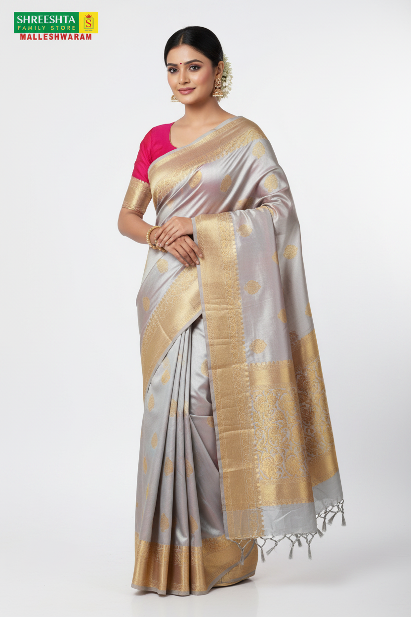 Model wearing Shreeshta hot pink saree with silver-grey pallu