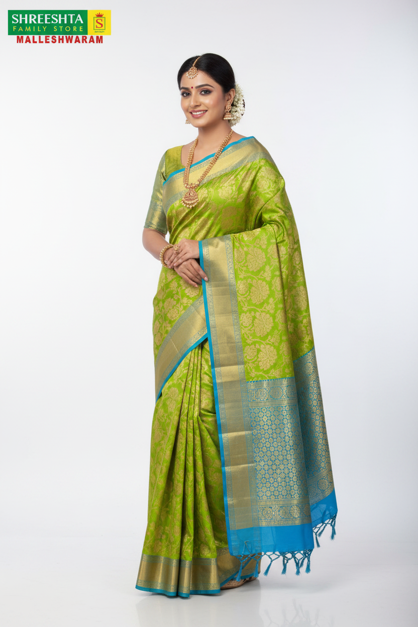 Model wearing Shreeshta lime green Kanjivaram saree with sky blue border