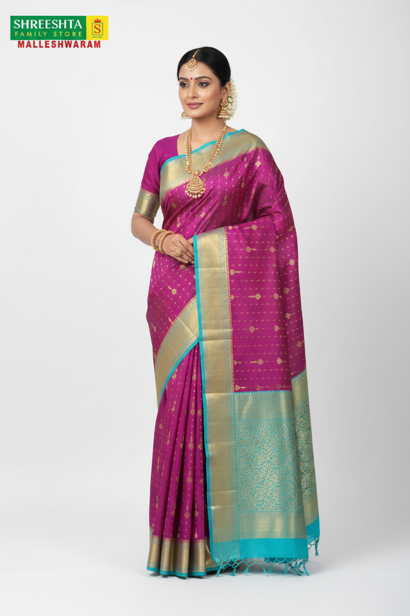 Model wearing Shreeshta magenta Kanjivaram saree with sky blue border