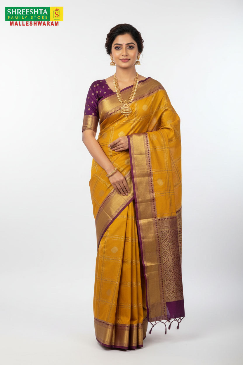 Model wearing Shreeshta mustard Kanjivaram saree