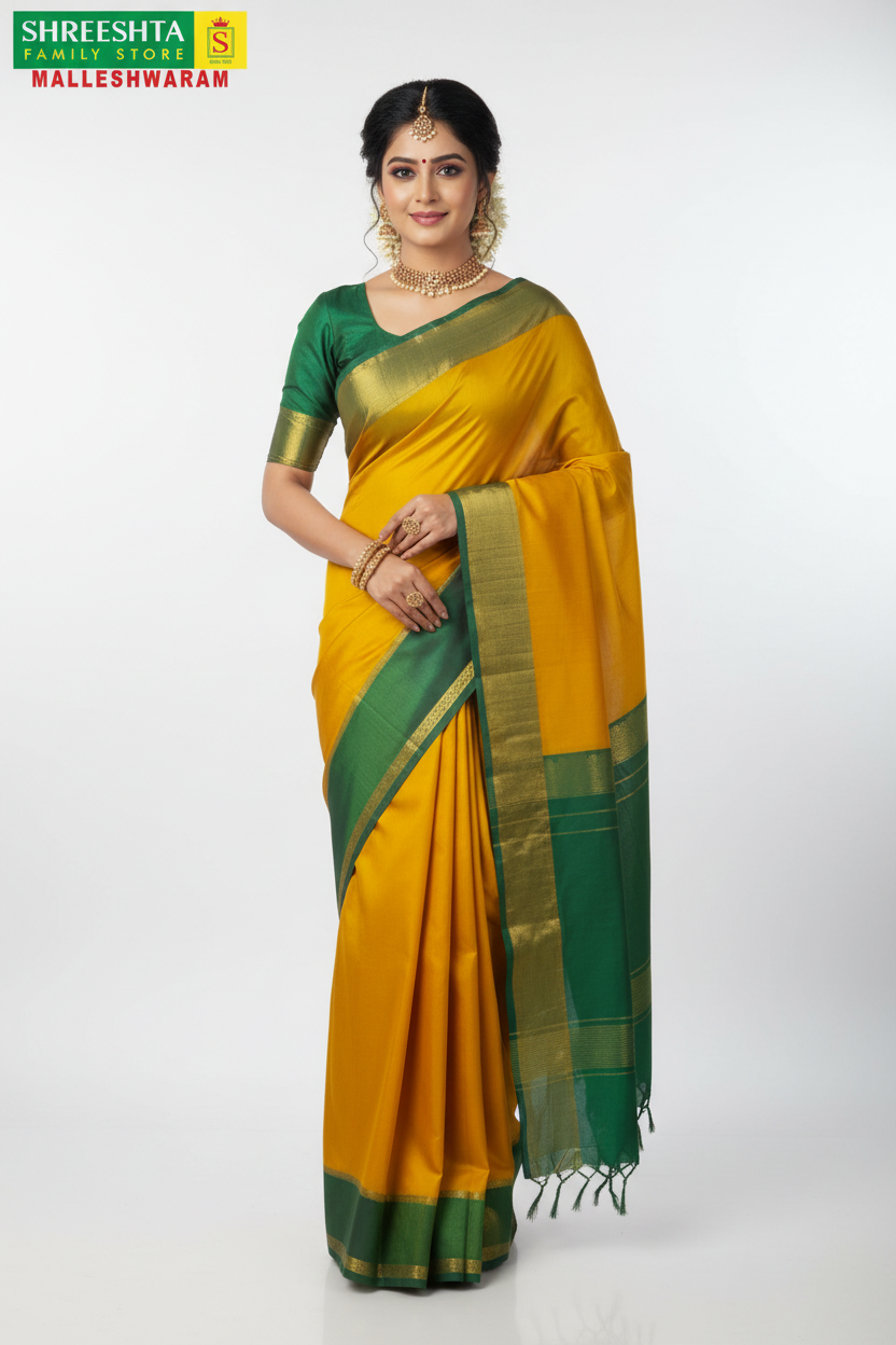 Model wearing Shreeshta mustard yellow saree with green pallu