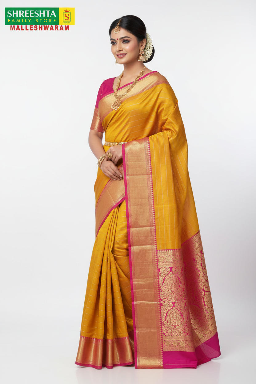 Model wearing Shreeshta mustard yellow saree with magenta pallu and gold zari border