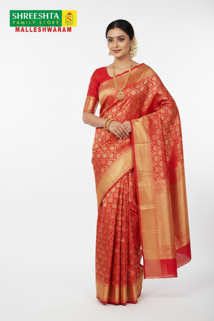 Model wearing Shreeshta red Kanjivaram saree with gold zari