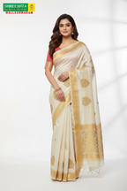 Model wearing Shreeshta rose pink saree with cream pallu