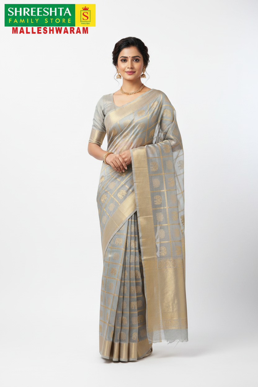 Model wearing Shreeshta silver-grey saree with gold elephant zari grid
