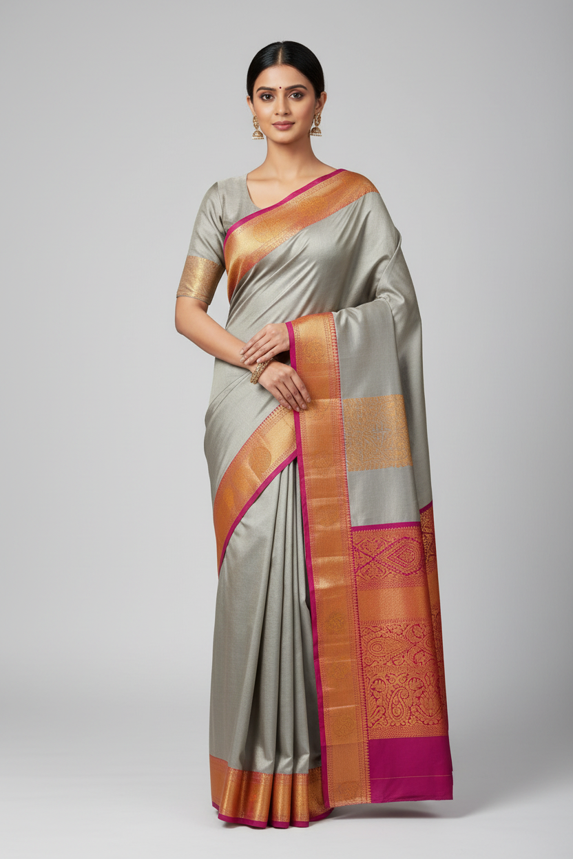 Model wearing silver-grey Banarasi saree with magenta orange gold border