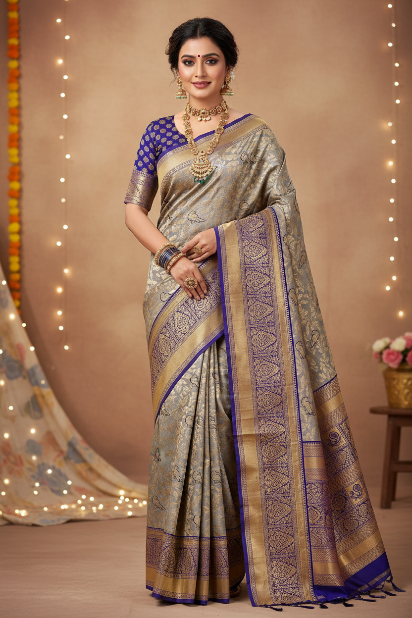 Model wearing silver-grey Banarasi saree with royal blue border