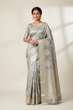 Model wearing silver-grey Banarasi saree with temple border