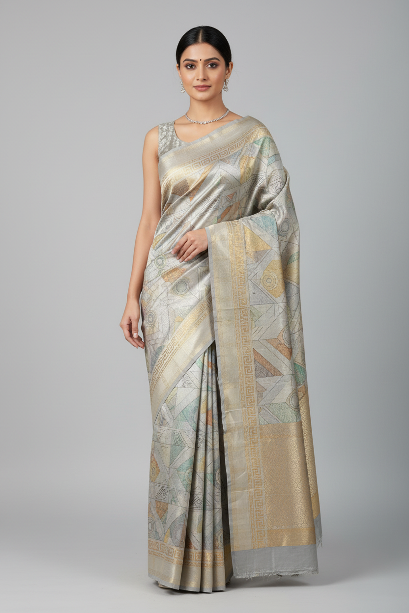 Model wearing silver-grey geometric Banarasi saree
