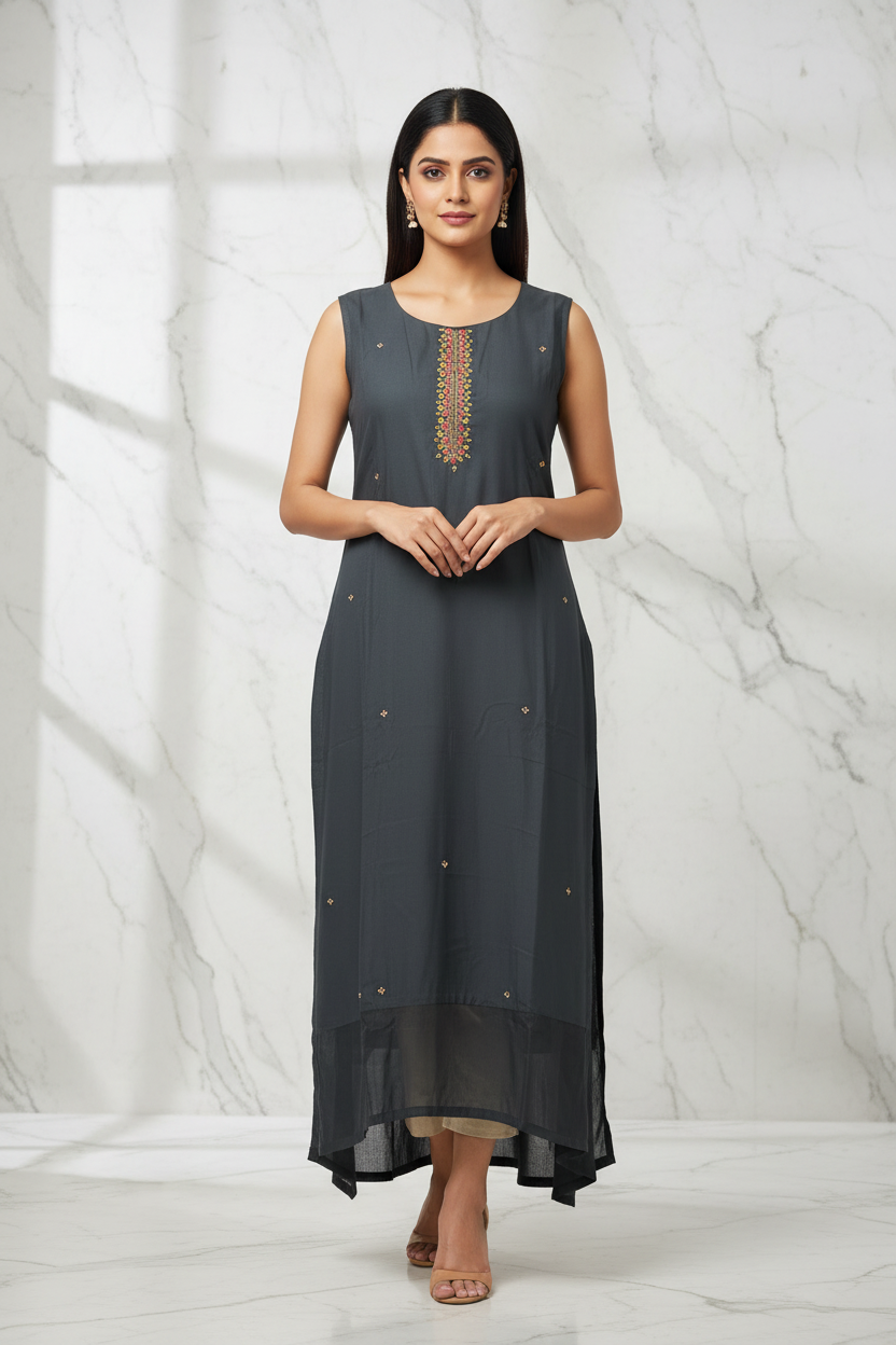 Model wearing slate grey embroidered kurta