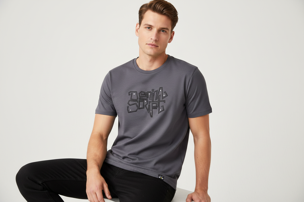 Model wearing slate grey graffiti graphic t-shirt
