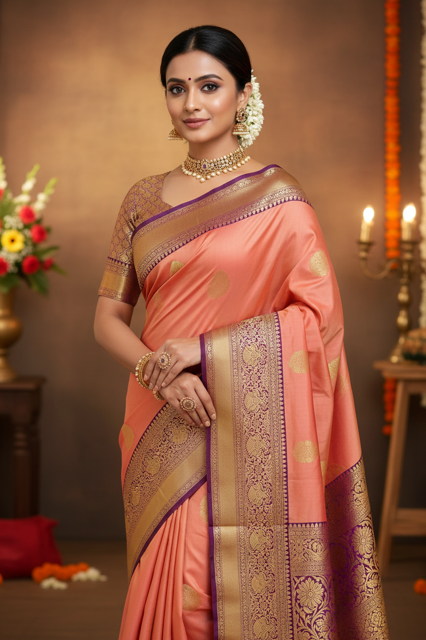Model wearing soft peach Kanchipuram silk saree with deep violet gold zari border