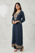Model wearing steel blue embroidered kurta