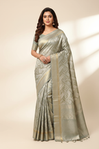 Model wearing steel blue grey chevron geometric zari tissue saree