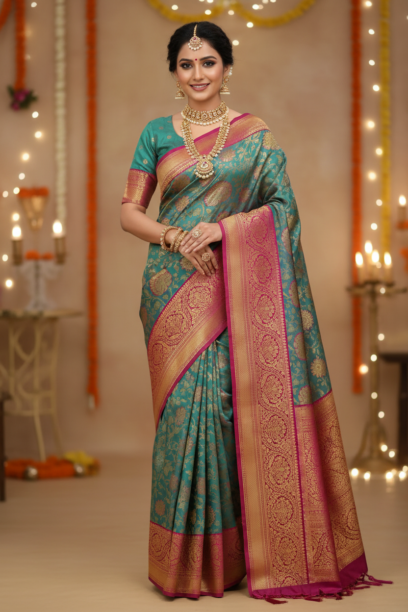 Model wearing teal Banarasi saree with magenta border