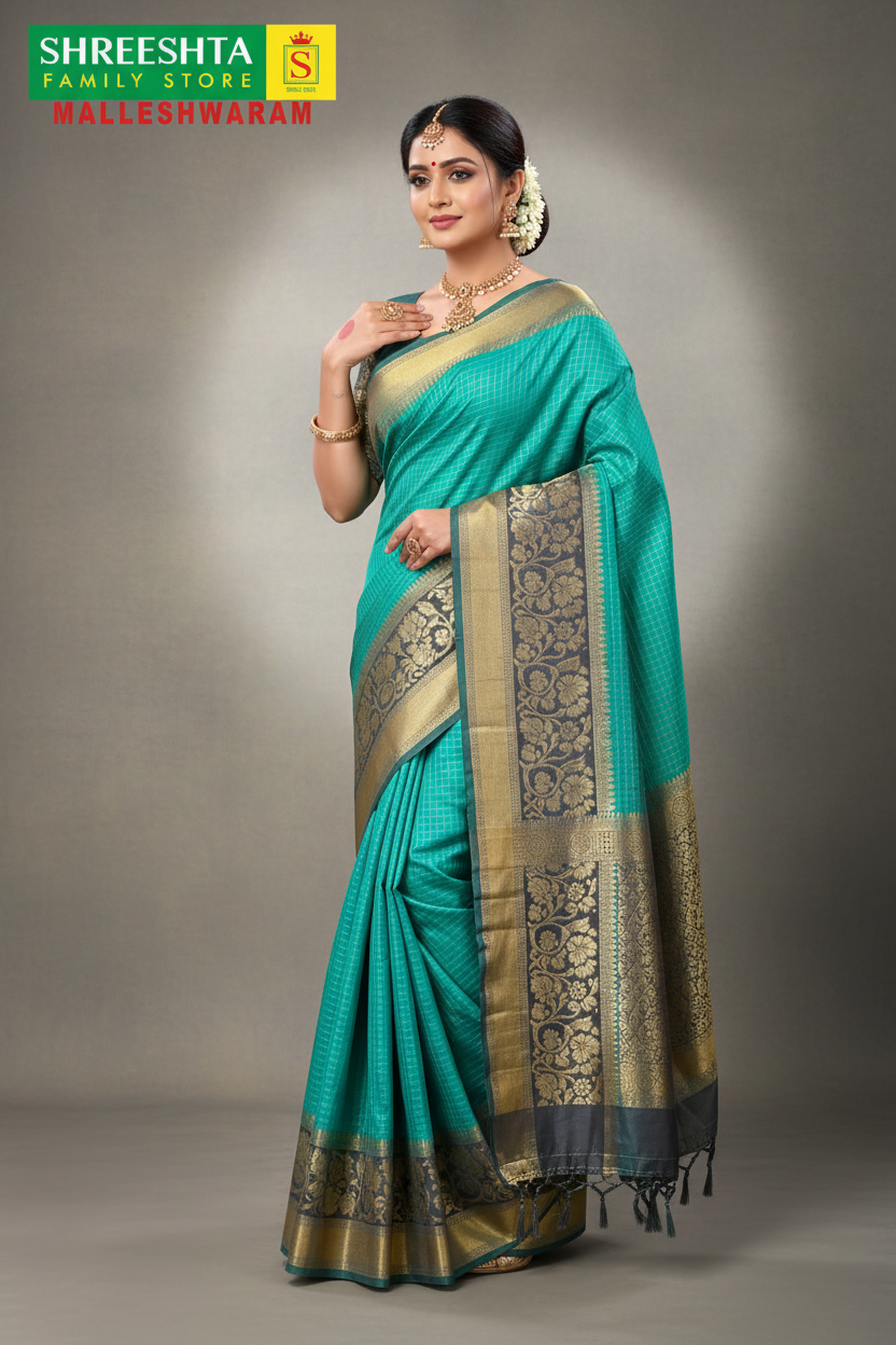 Model wearing Teal & Charcoal Kota Saree