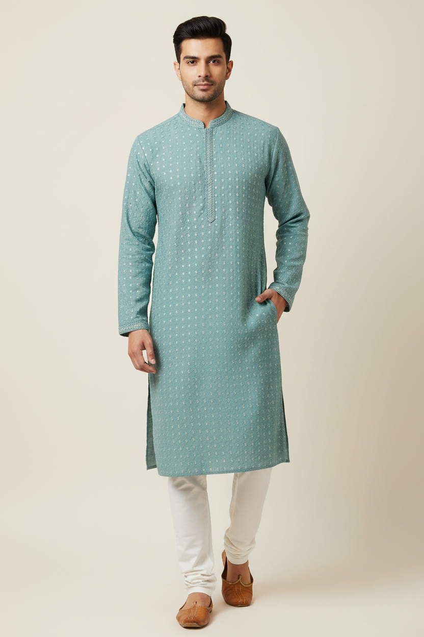 Model wearing teal chikankari kurta