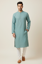 Model wearing teal chikankari kurta