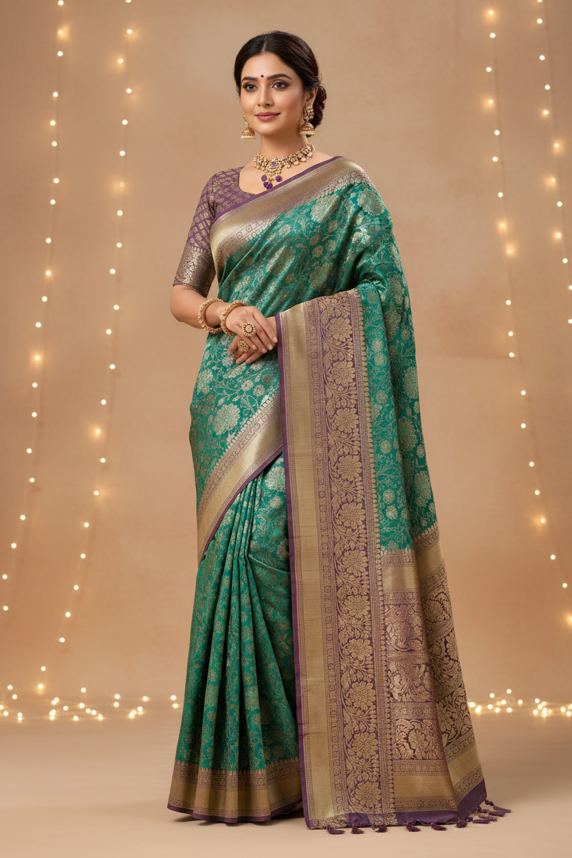 Model wearing teal green Banarasi saree with mauve purple border
