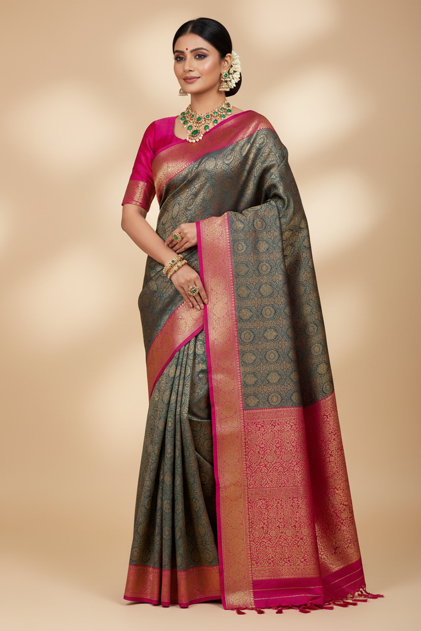 Model wearing Teal & Hot Pink Banarasi Saree