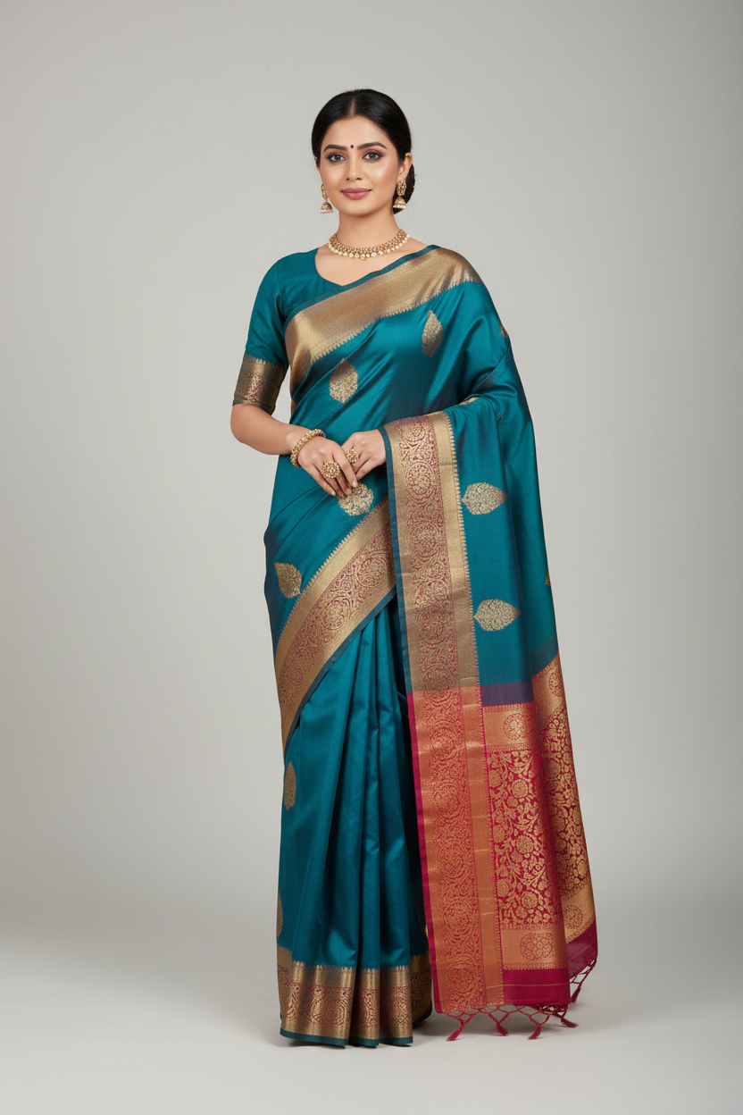 Model wearing teal peacock blue Banarasi saree with red gold border
