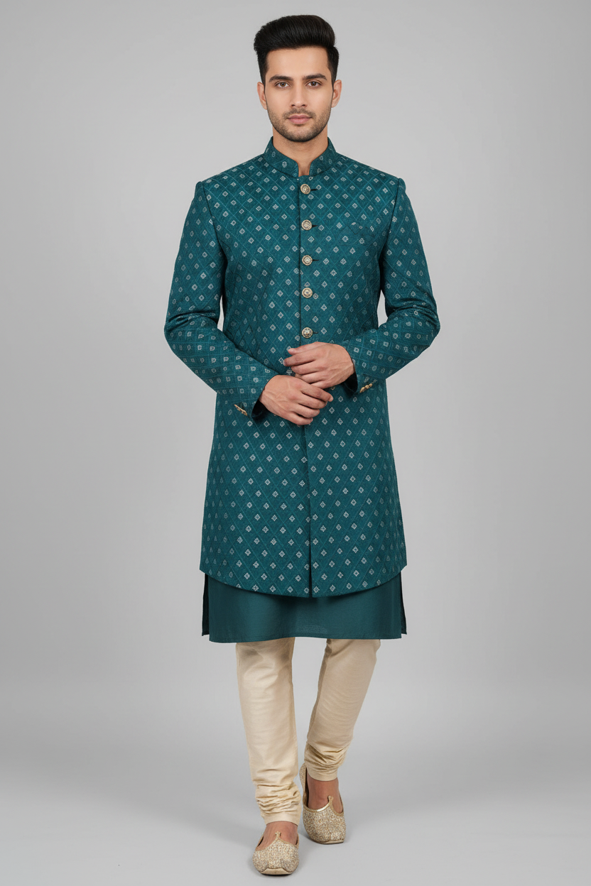 Model wearing teal sherwani