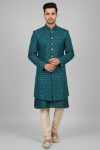 Model wearing teal sherwani