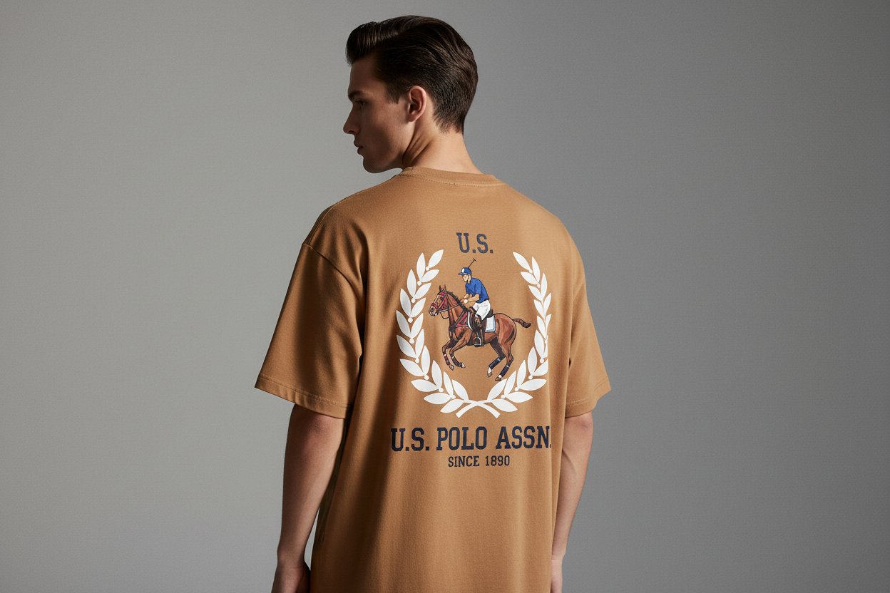 Model wearing U.S. Polo Assn. camel t-shirt - back