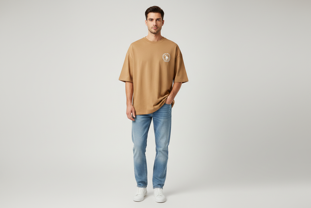 Model wearing U.S. Polo Assn. camel t-shirt - front