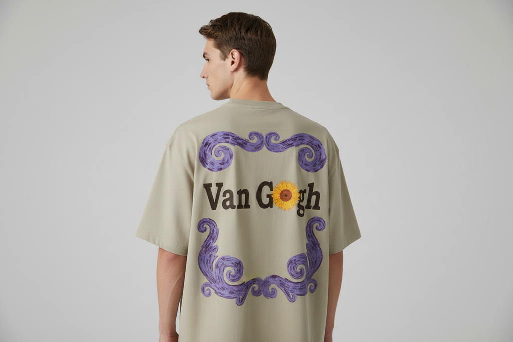 Model wearing Van Gogh beige t-shirt - back