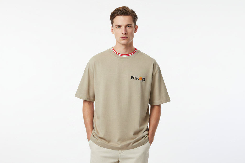 Model wearing Van Gogh beige t-shirt - front
