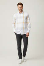 Model wearing white grey check plaid shirt