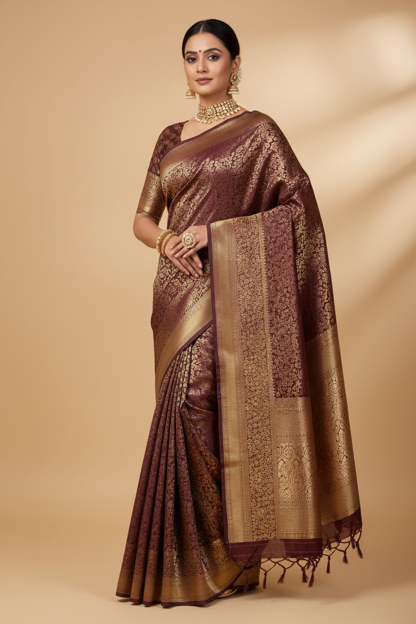 Model wearing Wine Burgundy Banarasi Jaal Saree