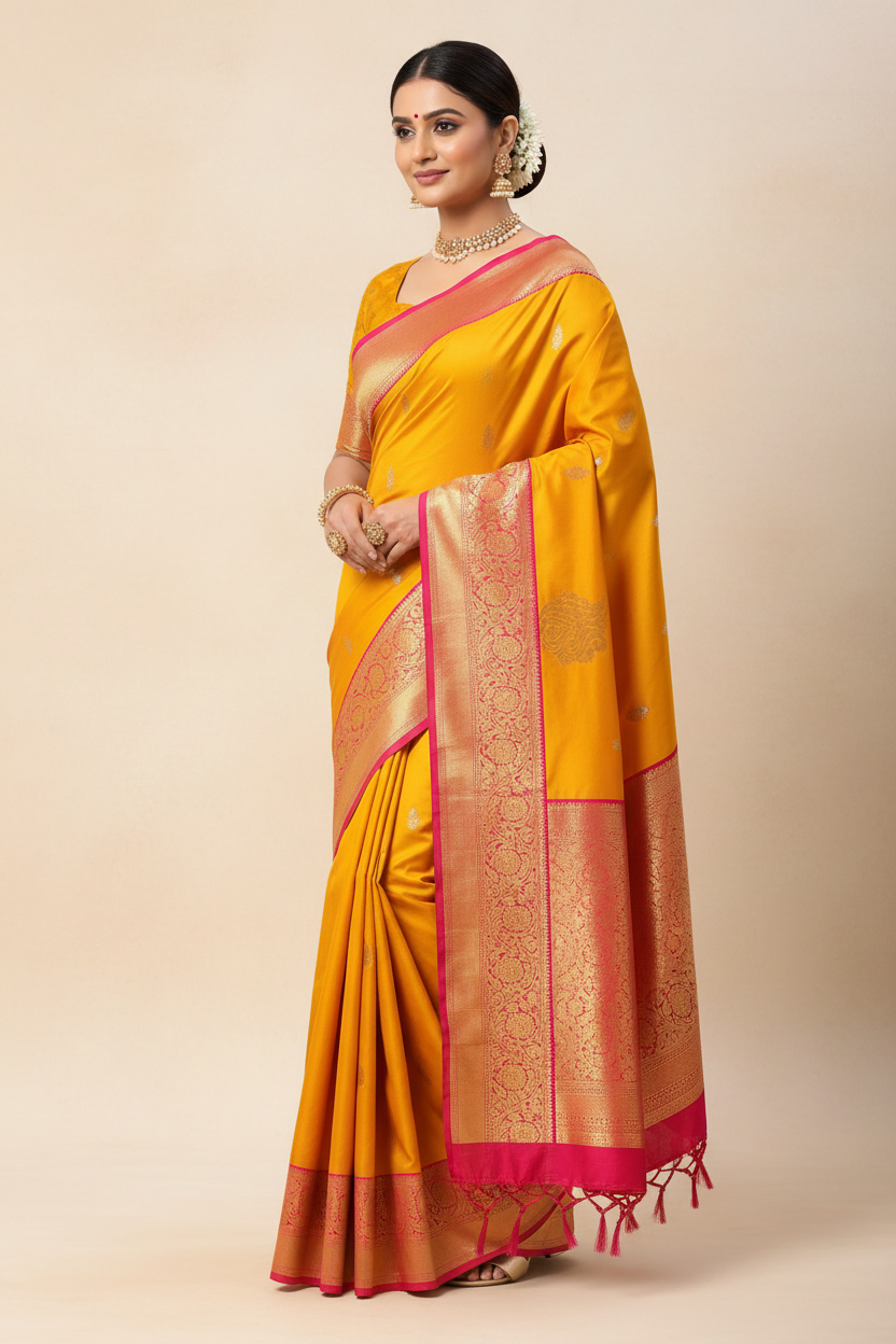 Model wearing yellow Banarasi saree
