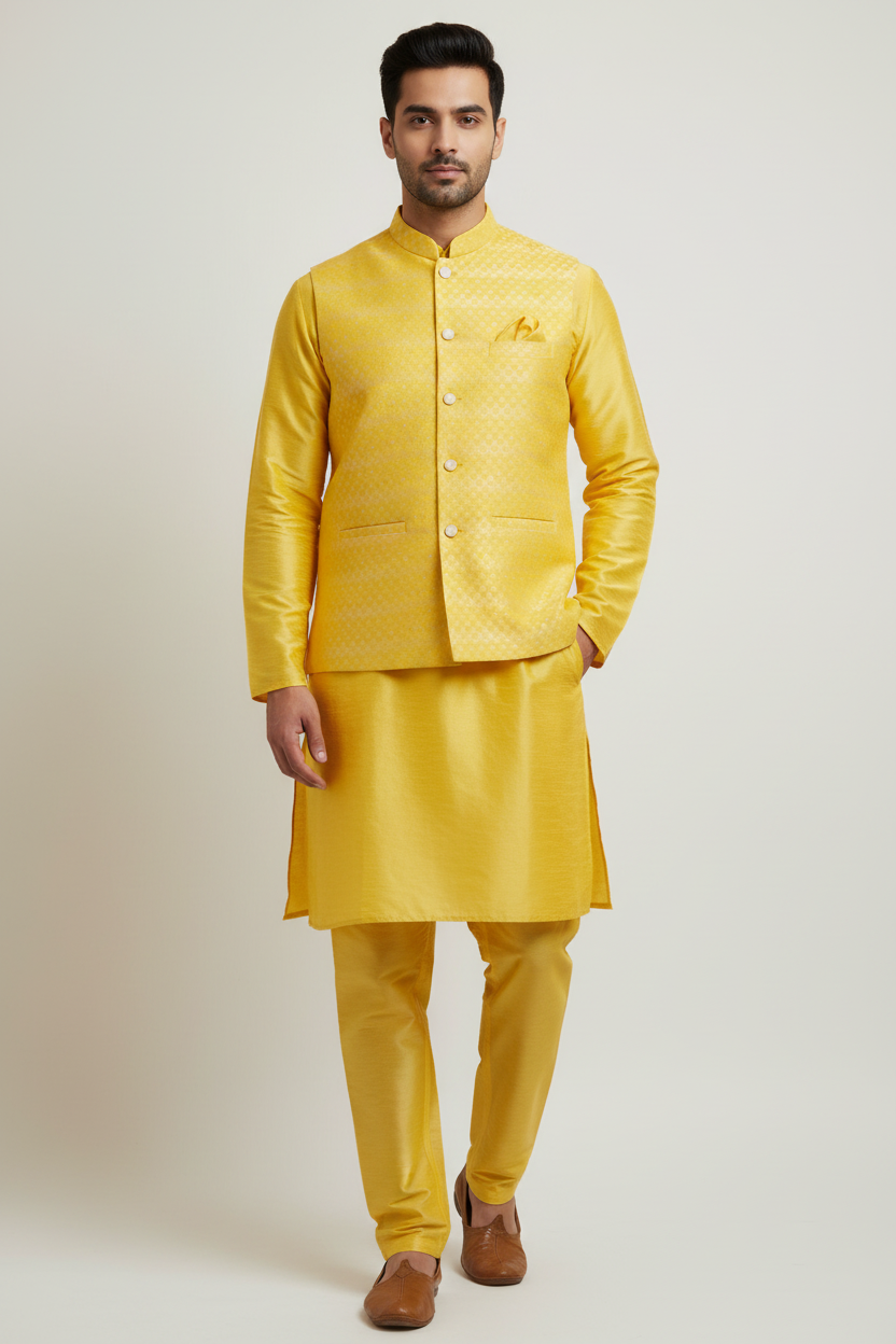 Model wearing yellow kurta pyjama with Nehru jacket