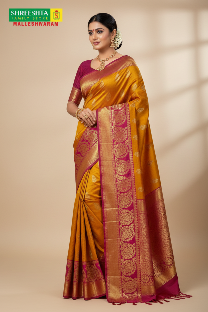 Model wearing Yellow & Magenta Kanjivaram Saree