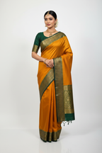 Mustard Orange & Green Silk Saree Model