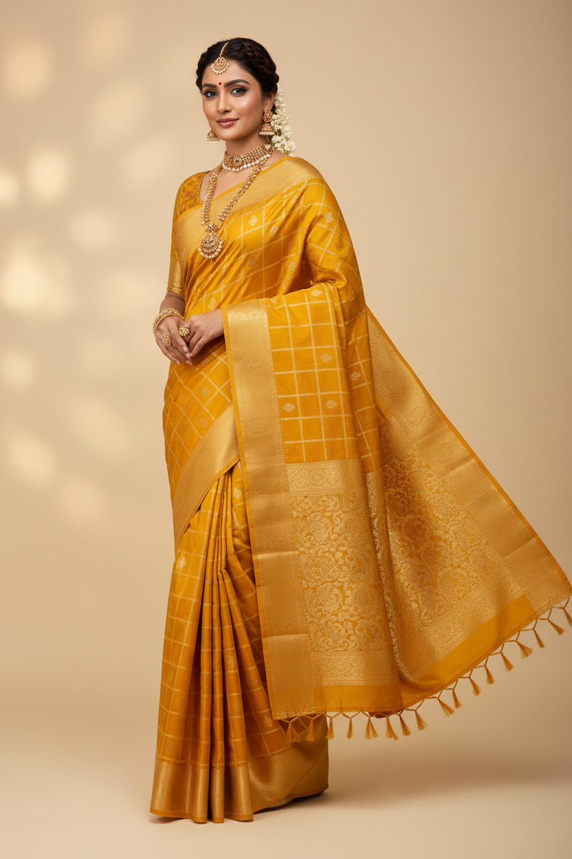 Mustard Yellow Kanchipuram Buti Saree Model