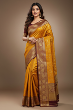 Mustard Yellow Kanjivaram Maroon Border Saree Model