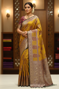 Mustard Yellow & Mauve Purple Banarasi Silk Saree Model