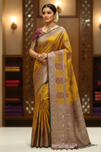 Mustard Yellow & Mauve Purple Banarasi Silk Saree Model