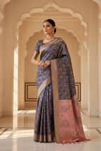 Navy Blue & Dusty Rose Banarasi Saree on Model