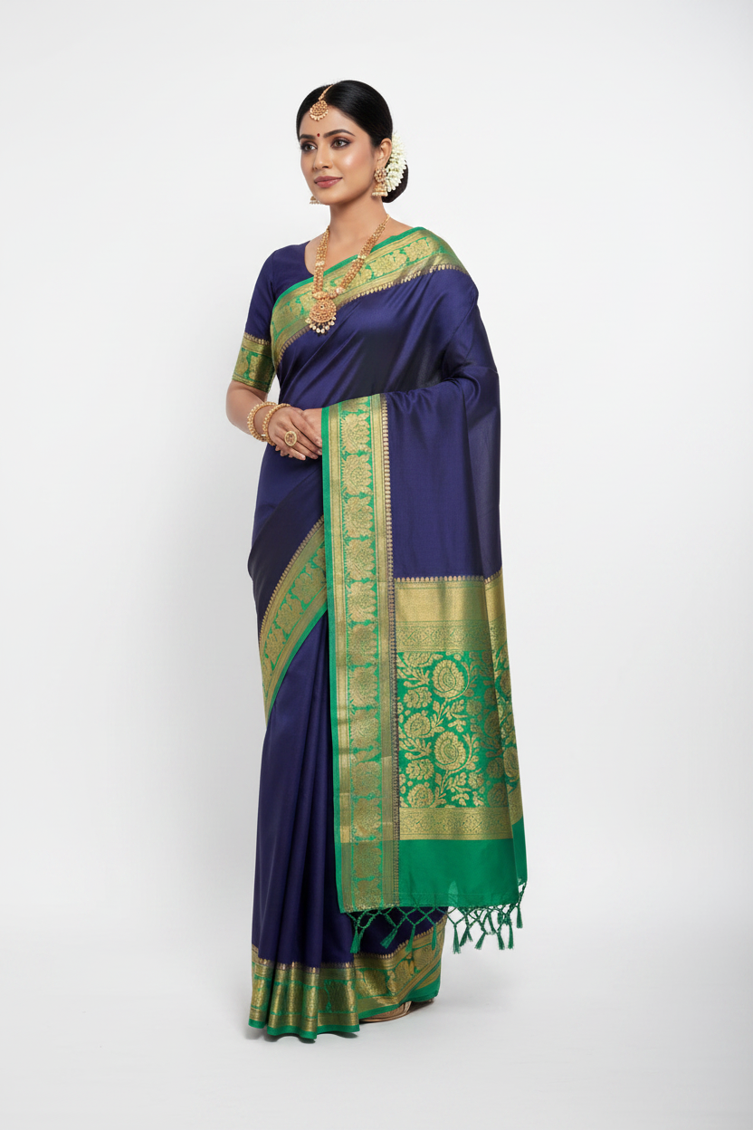 Navy Blue & Emerald Green Silk Saree Model