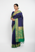 Navy Blue & Emerald Green Silk Saree Model